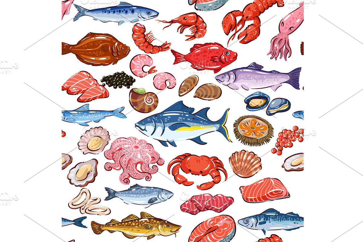 Seafood Seamless Pattern, a Food Illustration by VictoriaSergeeva