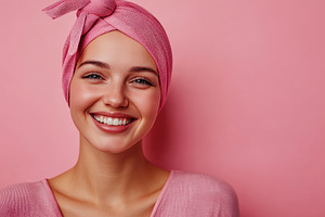 Happy woman with cancer wearing a pi, a Photo by Iftikhar Alam