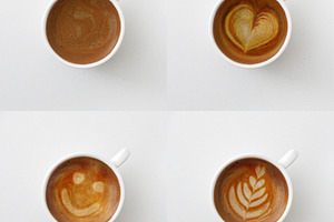 Collection of four coffee cups with various designs in foam, a Food & Drink Photo by Davizro's Market