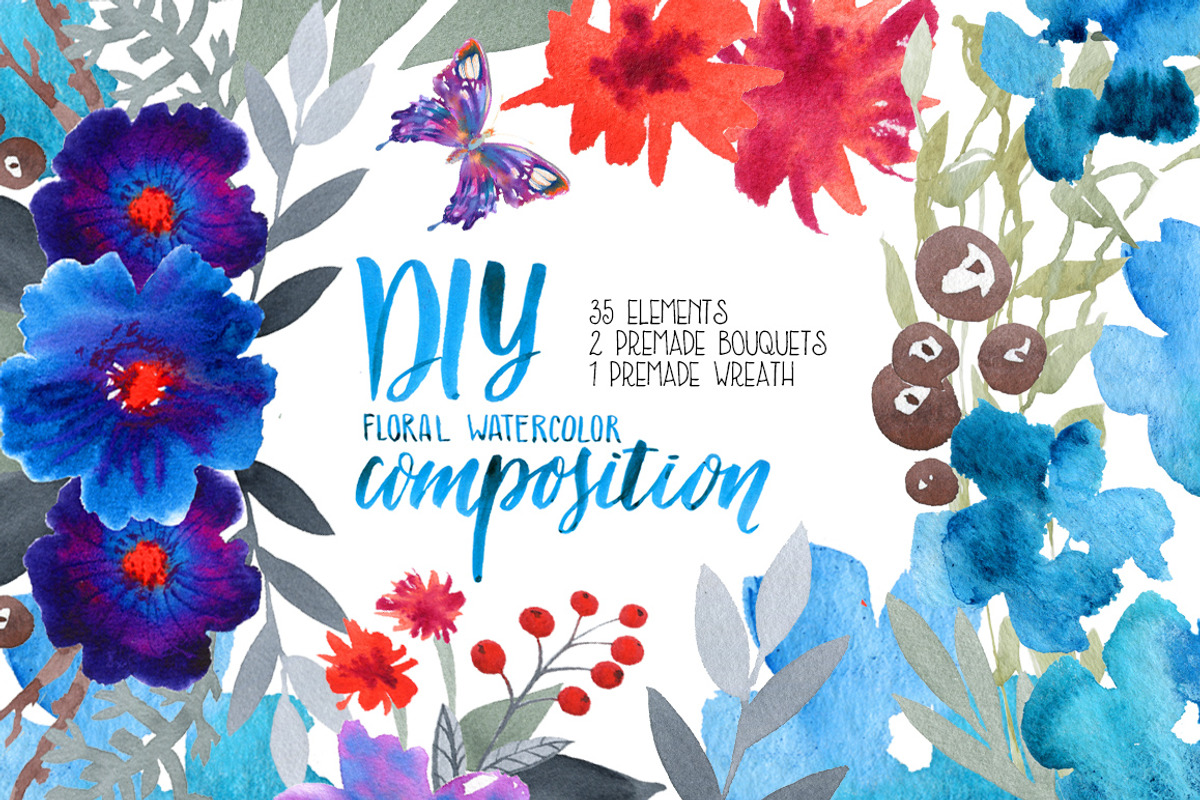 Watercolor floral DIY set 35 pcs., a Background Graphic by Natasha Koltsova (Photo 1 of 5)