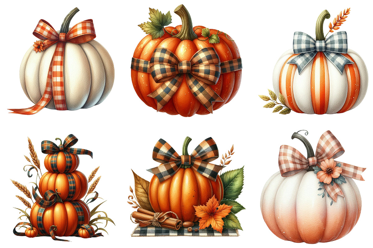Watercolor Fall Bow Pumpkins Clipart, an Illustration by Libby Wishes (Photo 6 of 7)