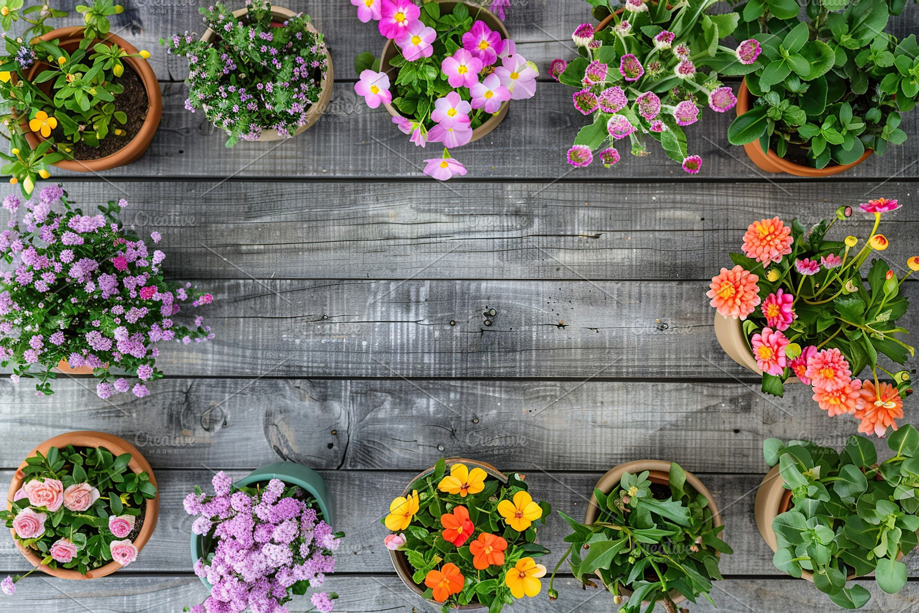 Flat lay of different flowers in pots on grey wooden table, a Nature Photo by AlyaAnd