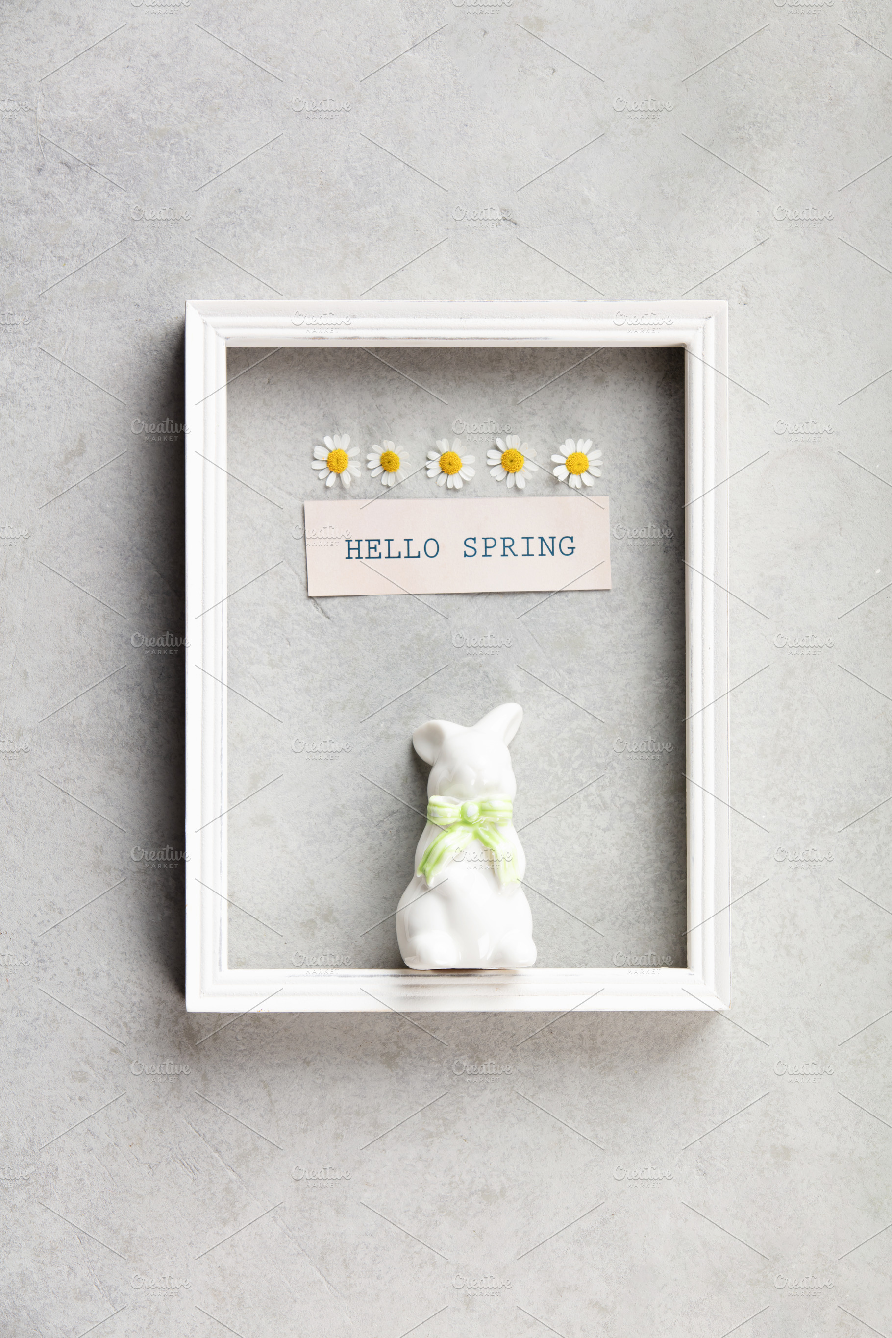 Hello Spring Minimal Frame Mockup with Bunny and Daisies, a Holiday Photo by Natalia Klenova's Shop