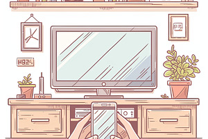 Illustration of a home entertainment system with hands holding a smartphone, a Photo by AS photostudio