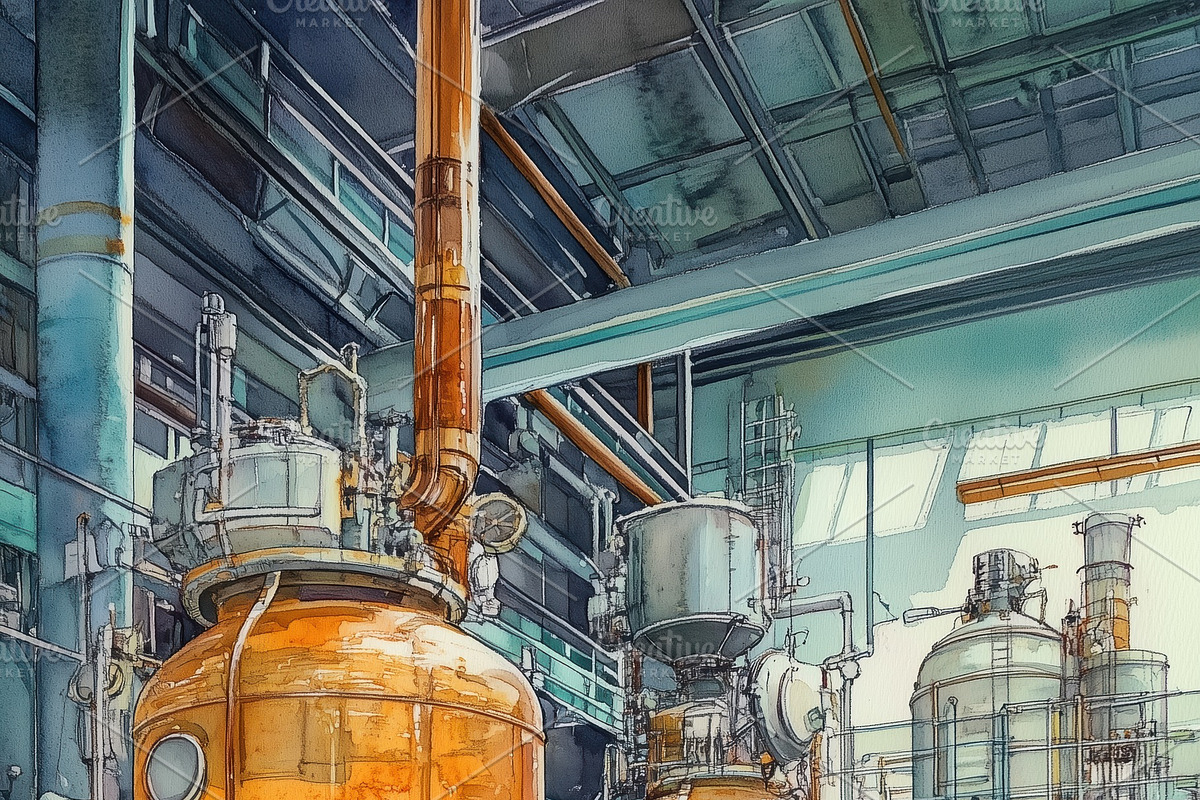 A modern industrial facility featuring large, transparent tanks filled with a g, a Technology Illustration by Textures & Backgrounds