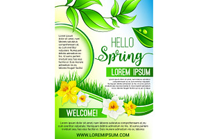 Vector Green Floral Poster For Hello Spring Design