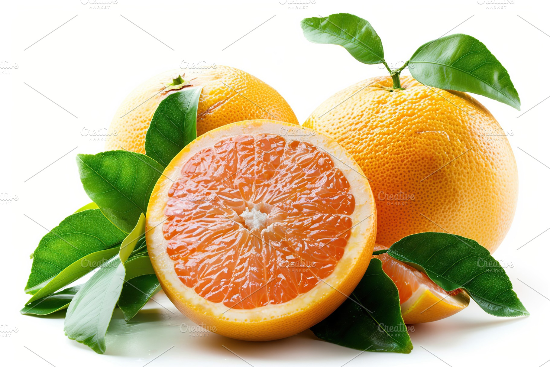 Fresh orange fruit with green leafs on white background, a Food & Drink Photo by AlyaAnd