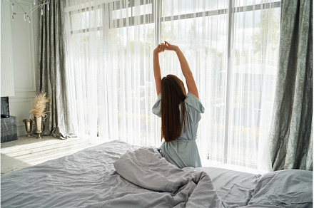 Young woman stand and open white