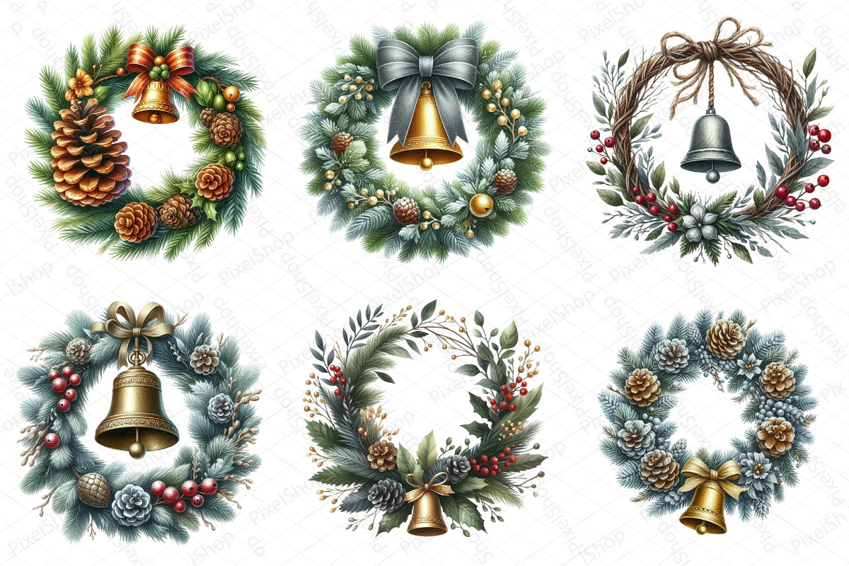 Watercolor Christmas Wreath Bell Cli, an Illustration by DreamPrint404 (Photo 3 of 7)