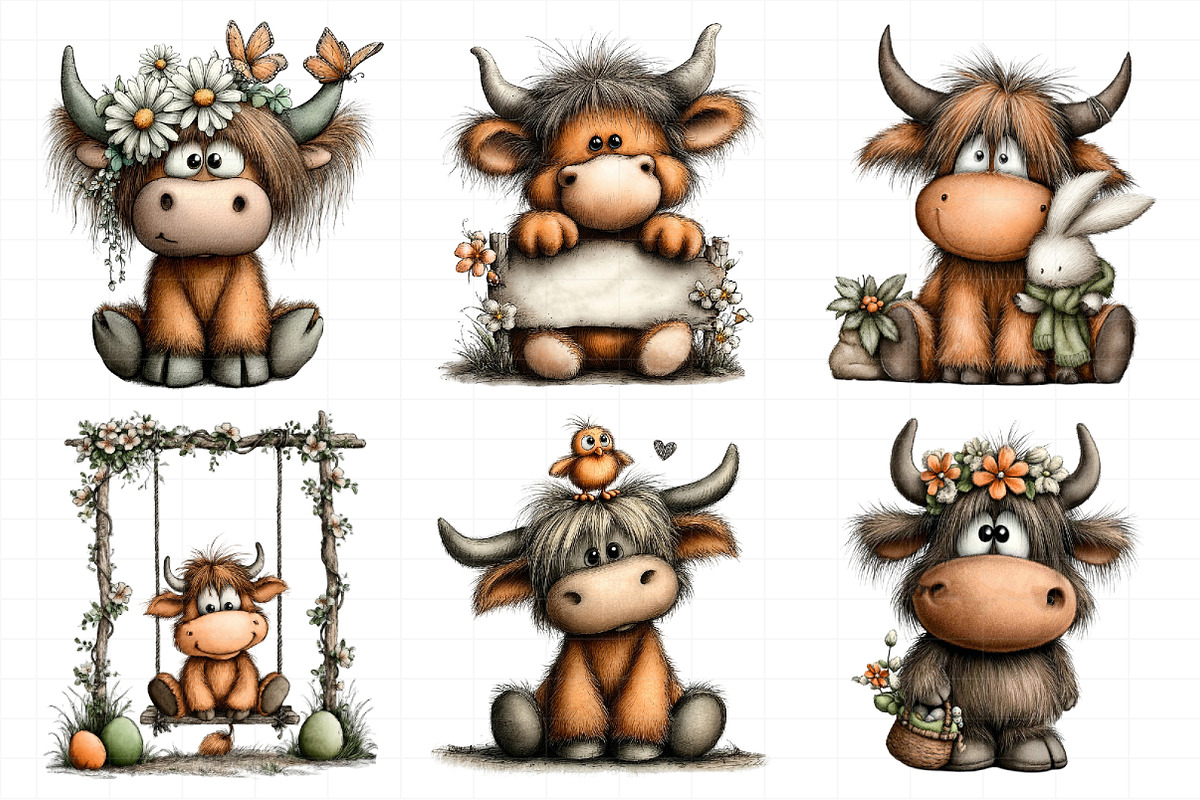 Whimsical Easter Highland Cow Clipar, an Illustration by Daily.Designs (Photo 3 of 8)