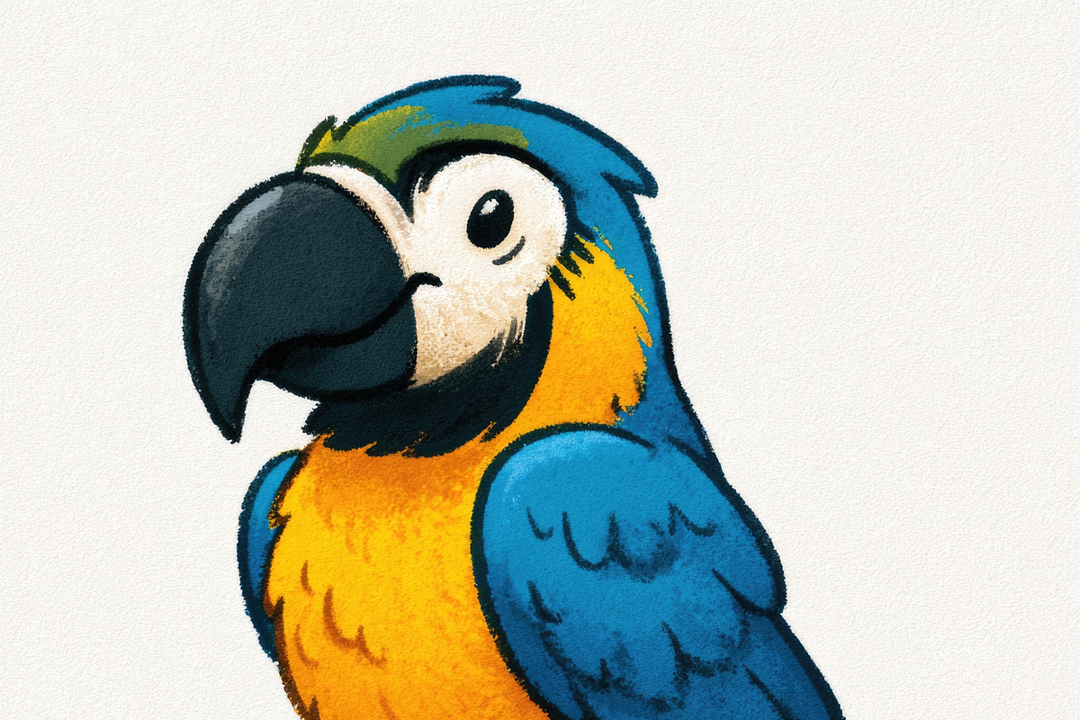 Cute blue and yellow macaw doodle illustration for children, an Animal Illustration by José Manuel Gelpi