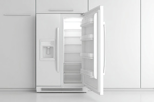 Minimalist kitchen with open refrigerator revealing empty interior and clean de, a Photo by AlyaAnd