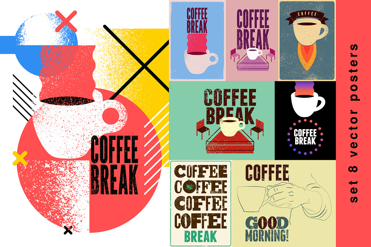 Coffee Break retro vector poster set, a Food Illustration by PoPaShop (Photo 1 of 9)