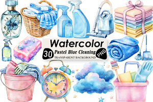 Watercolor Pastel Blue Cleaning, an Illustration by Black Bird Studio