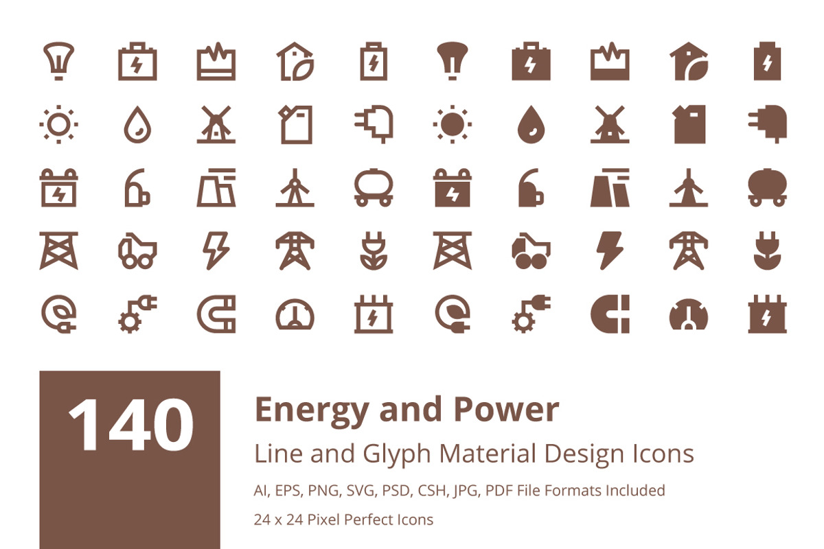 140 Energy and Power Material Icons, a Solid Icon by Creative Stall (Photo 1 of 4)