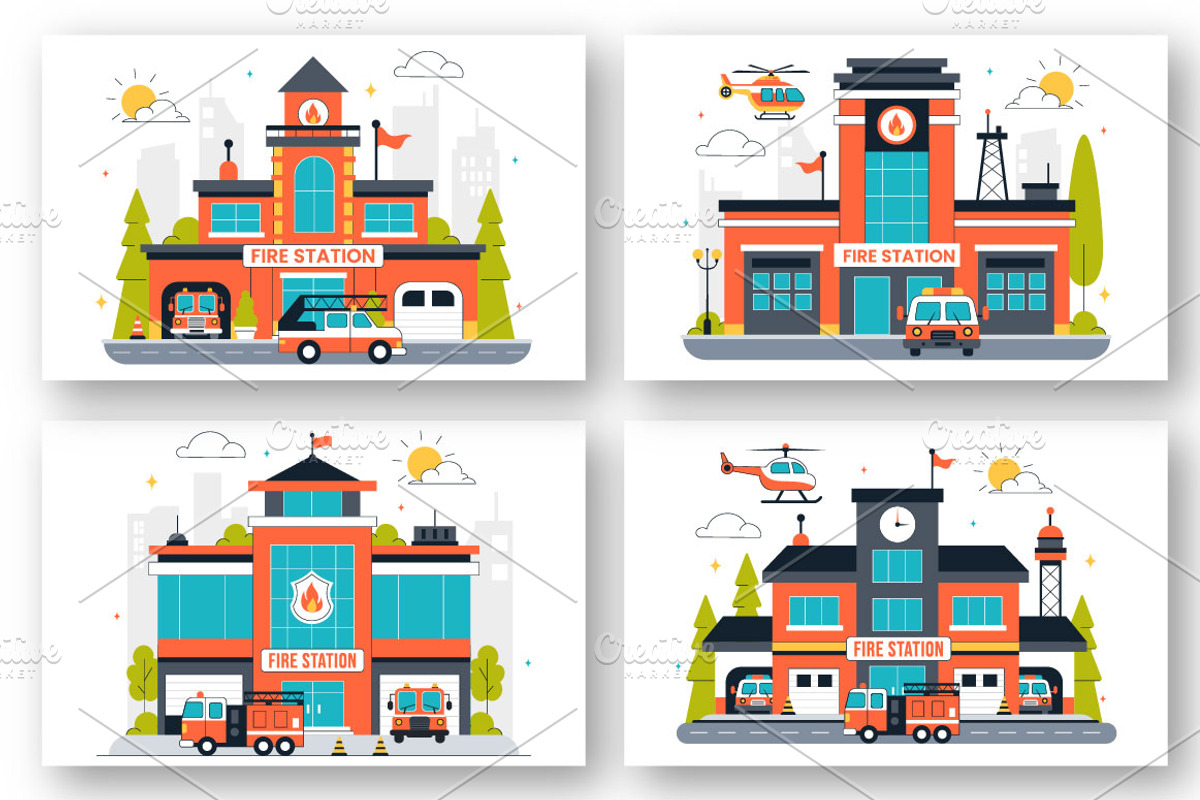10 Fire Station Building Illustratio, a Transportation Illustration by denayunebgt (Photo 2 of 4)