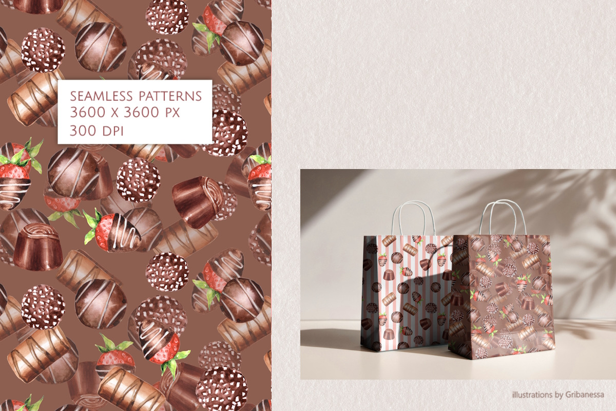 Watercolor Chocolate Patterns set, a Pattern Graphic by Gribanessa (Photo 3 of 4)