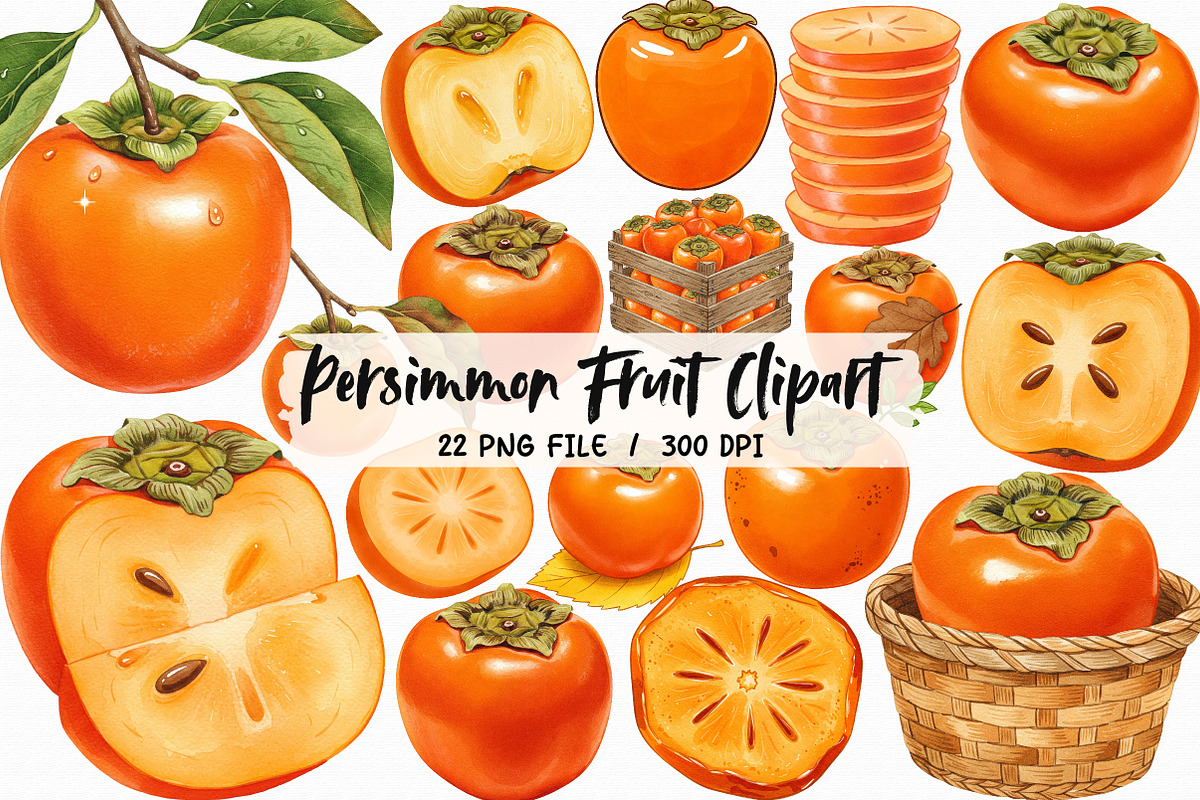 Watercolor Persimmon Fruit Clipart, an Illustration by Libby Wishes (Photo 1 of 5)