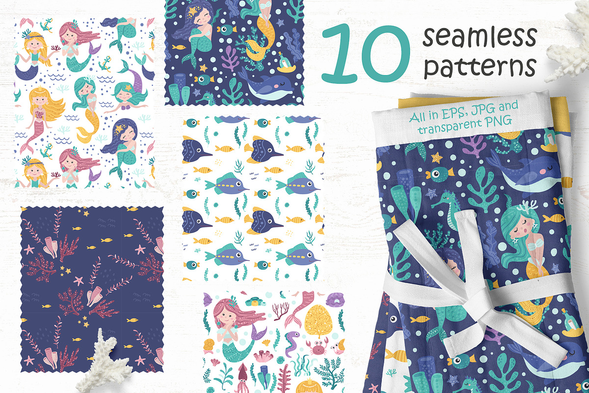 Mermaid Clipart & Pattern, a Wallpaper Graphic by Nafanya (Photo 6 of 9)