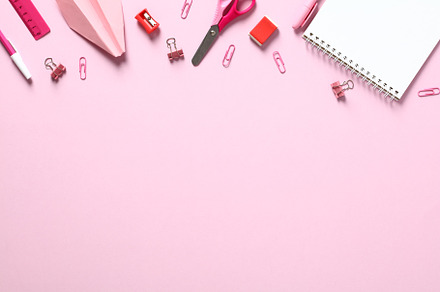 Back to school concept. Flat lay school supplies on pink table. Flat lay, top v, a School & Education Photo by photoguns