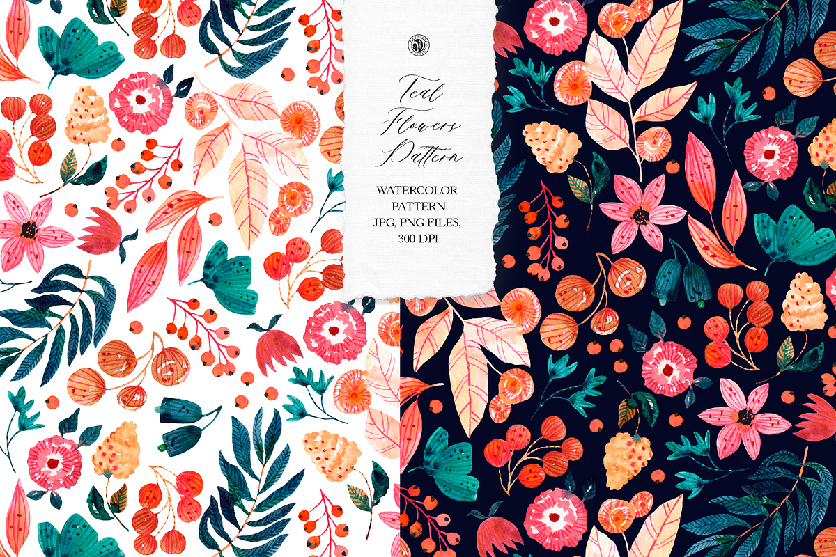 Teal Flowers Watercolor Pattern, a Pattern Graphic by Webvilla Studio (Photo 1 of 8)