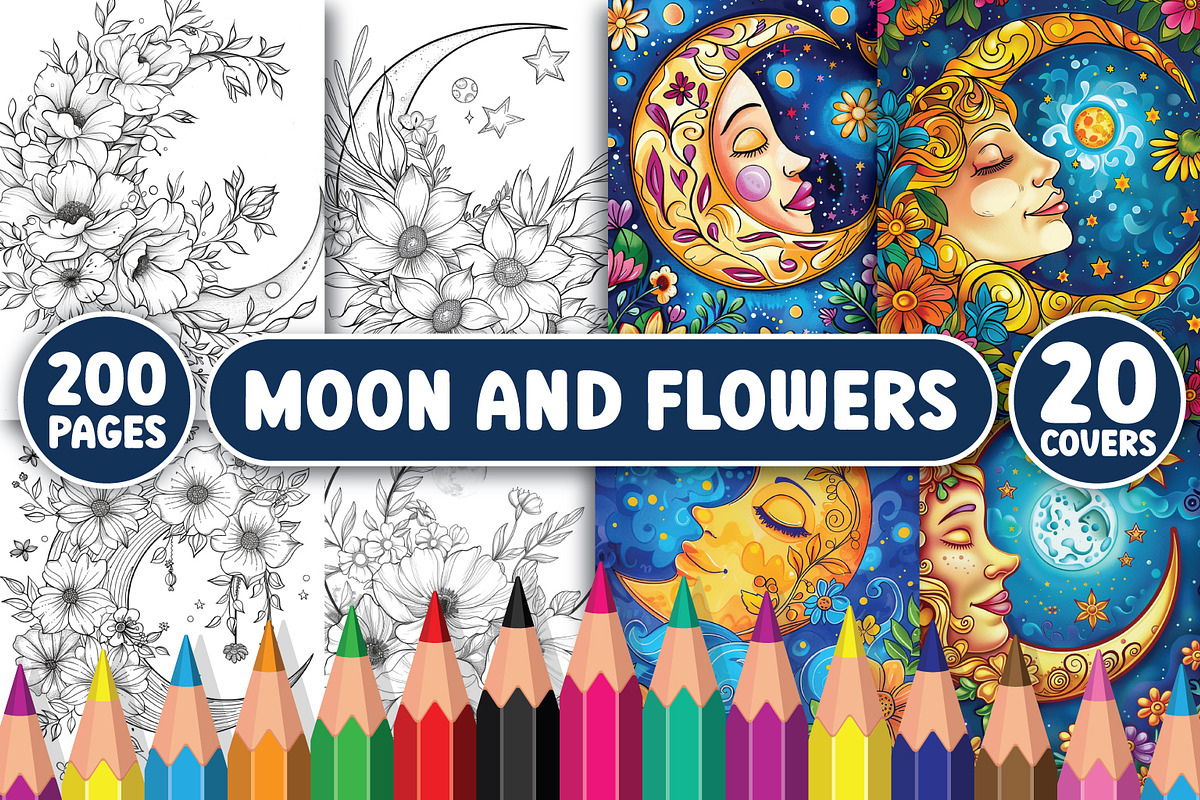 200 Moon and Flowers Coloring Pages, an Education Illustration by BrightMart (Photo 1 of 3)