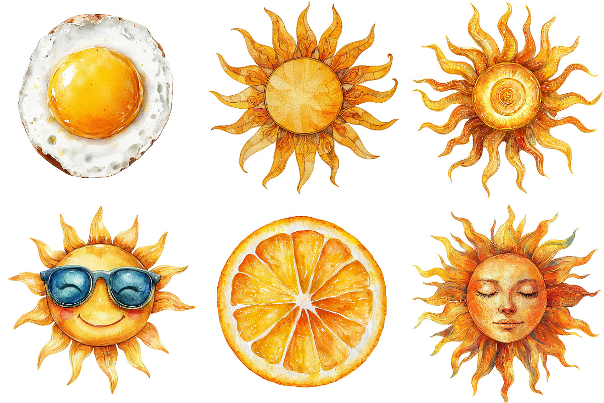 Watercolor Sun Designs for Summer, an Illustration by Pixels.Craft (Photo 5 of 7)