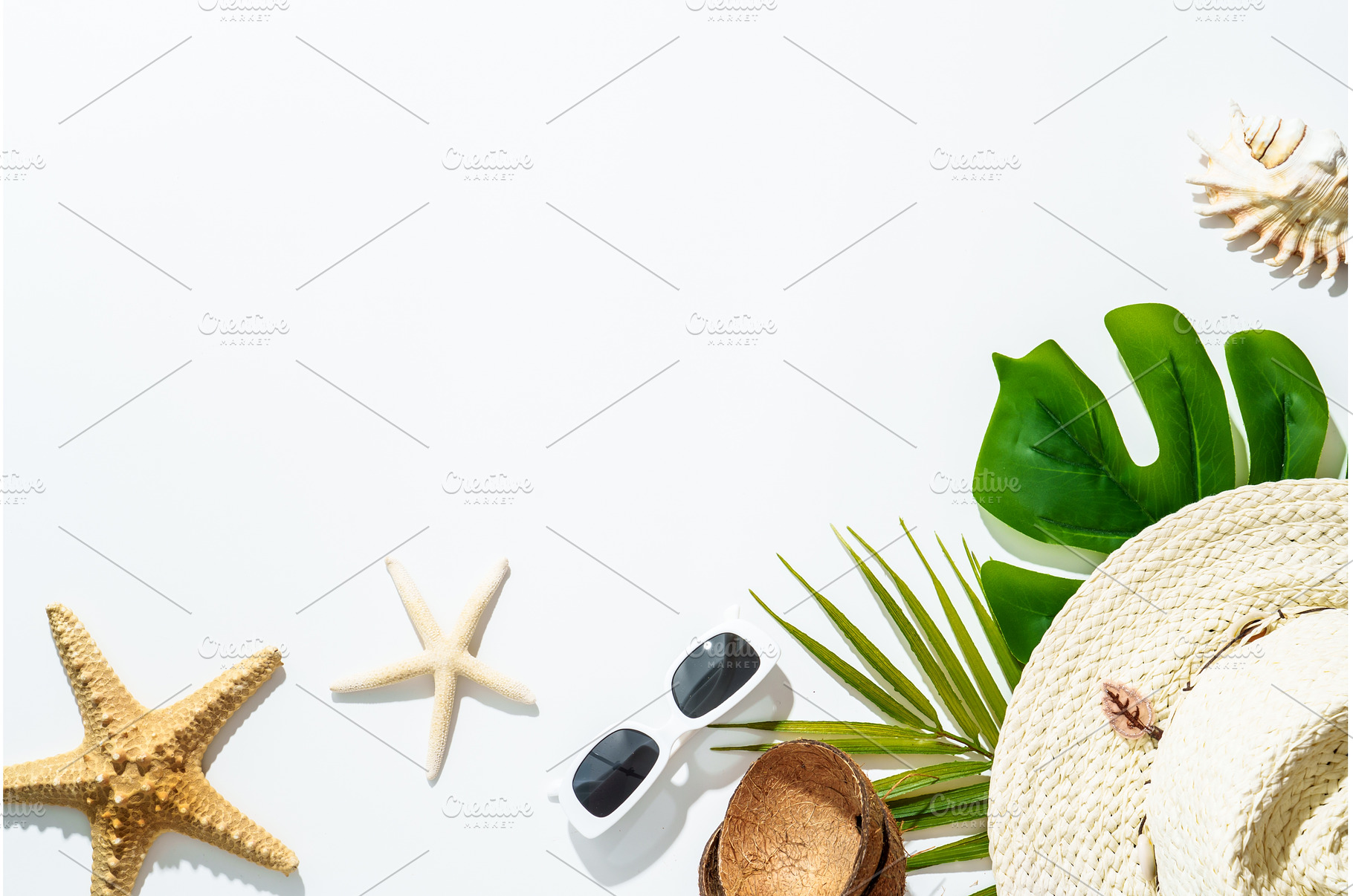 Summer flat lay background on white., a Holiday Photo by Nadia-nb