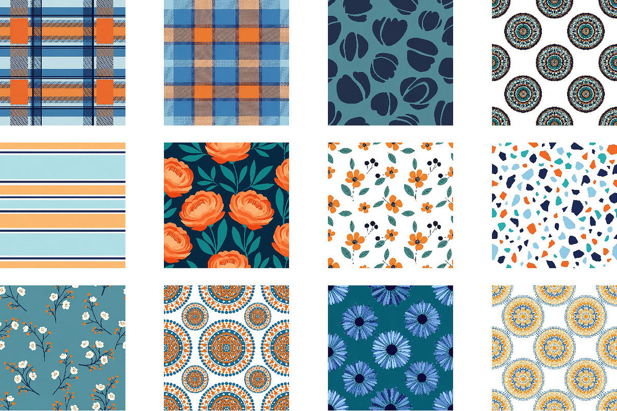 Retro Blue and Orange Floral Digital, a Pattern Graphic by Wow Magic (Photo 3 of 3)