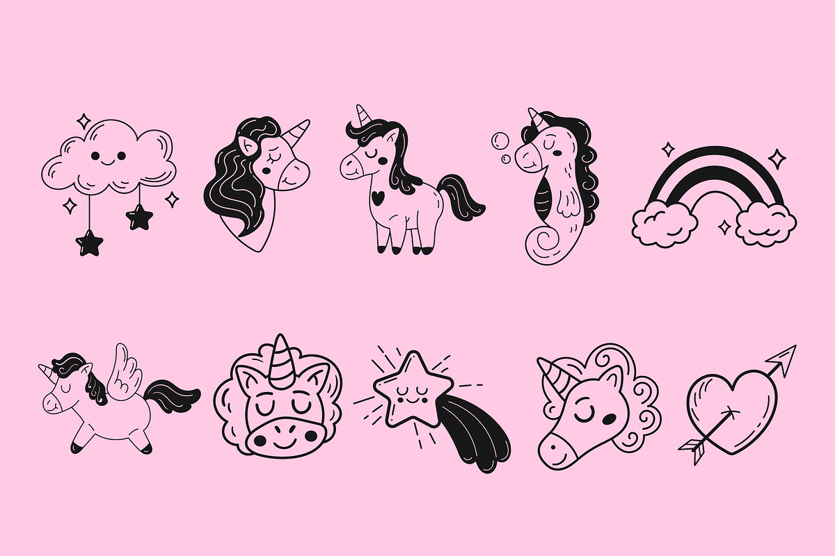 Cute Unicorn & Rainbow Doodle Set