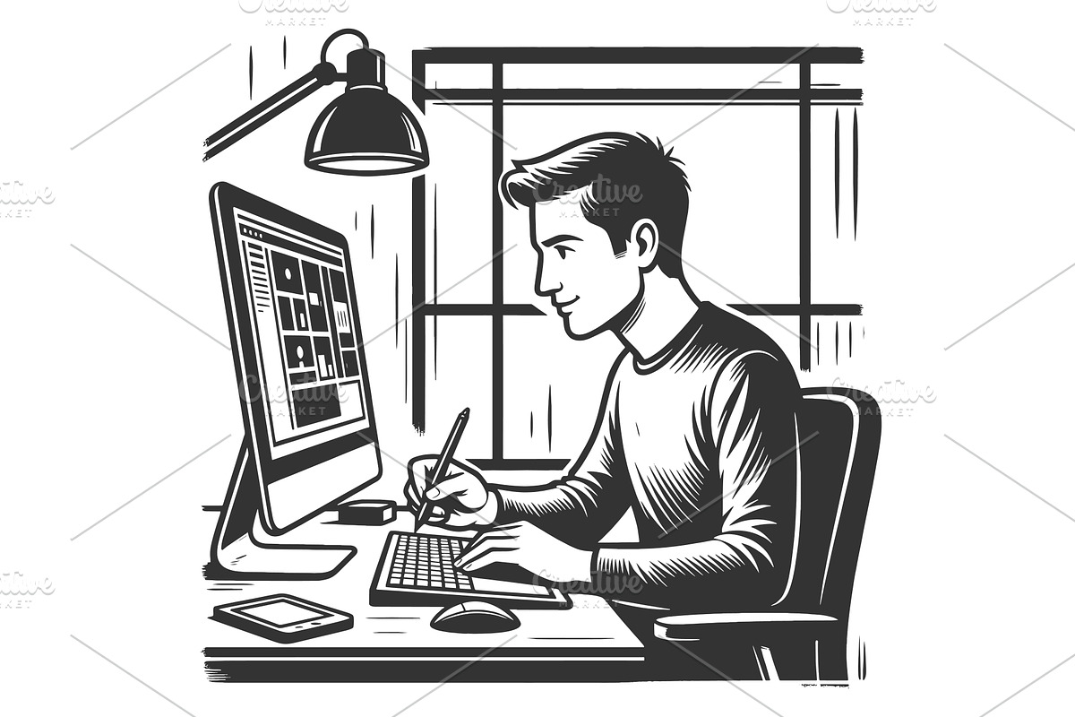 Young Man Working Computer Digital, a Person Illustration by AlexArt