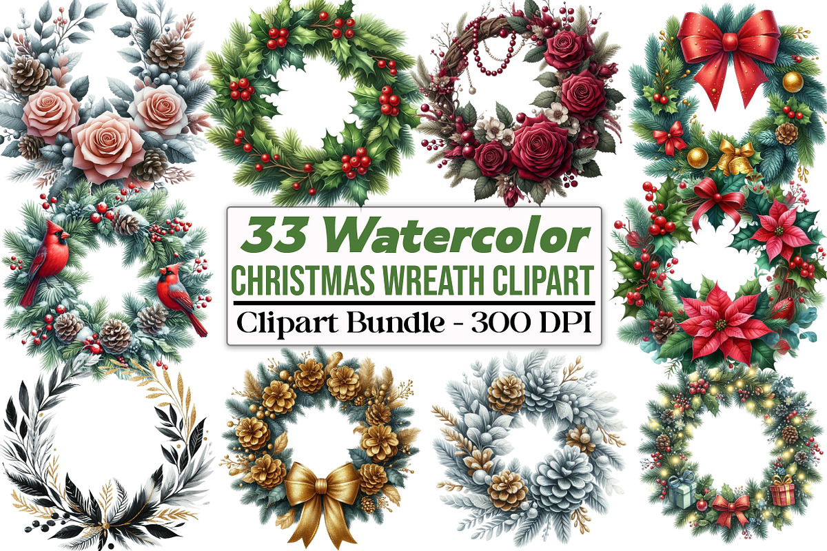 Watercolor Christmas Wreath Clipart, an Illustration by DreamCafeArt (Photo 1 of 5)