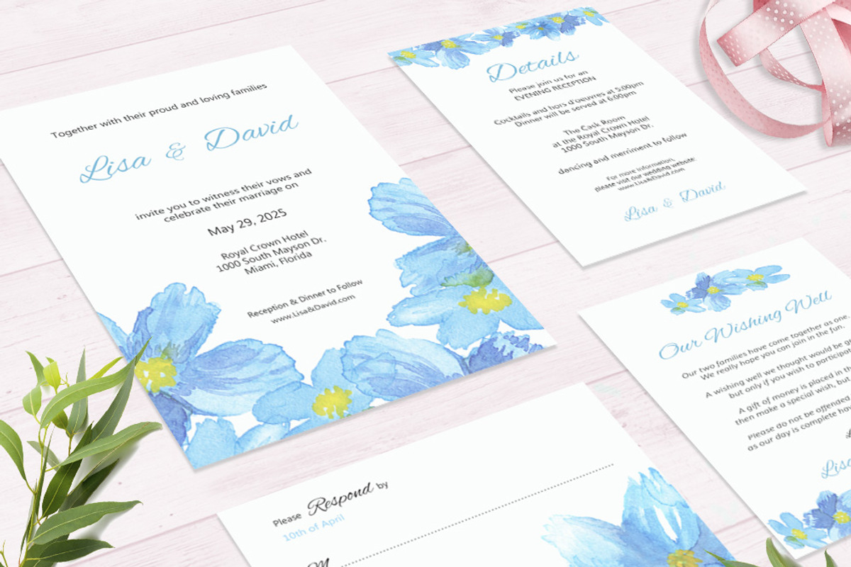 Blue Flower Watercolor Wedding Suite, an Invitation Template by Love Design (Photo 2 of 13)