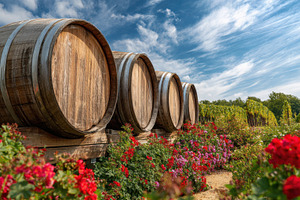 Beautiful vineyard with wine barrels, a Photo by Beautiful things