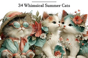Whimsical Summer Cats Clipart, an Illustration by DreamArtGraphic