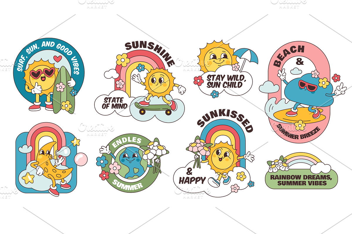 Cartoon retro characters stickers, an Illustration by YummyBuum