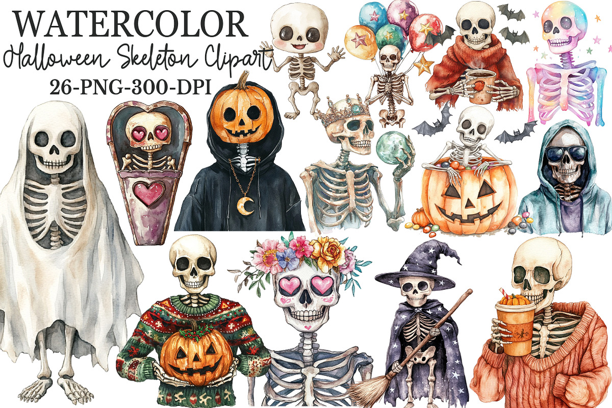 Watercolor Halloween Skeleton Clipar, an Illustration by Rose Art (Photo 1 of 7)
