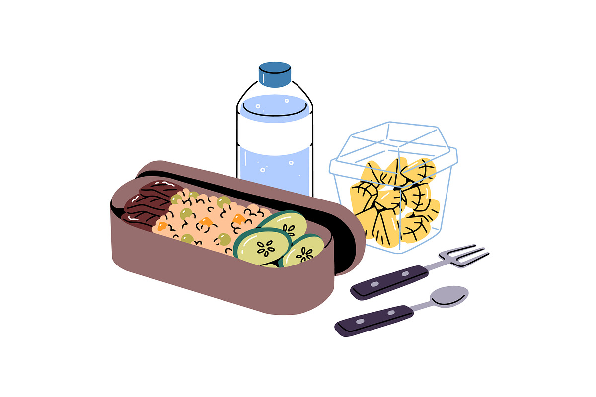 Lunchbox with food, drinks set, a Food Illustration by PaperTrident (Photo 12 of 15)