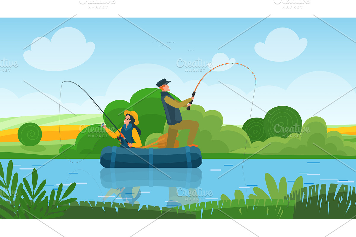 Fisherman family with fishing rods, a Sport Illustration by Lemberg Vector