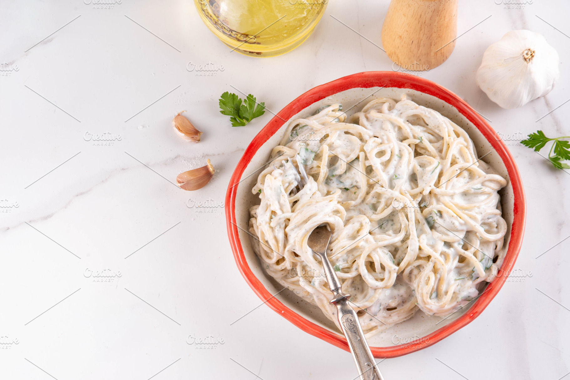 Creamy Spaghetti Pasta with high-protein Greek Yogurt Alfredo Sa, a Food & Drink Photo by Rimma