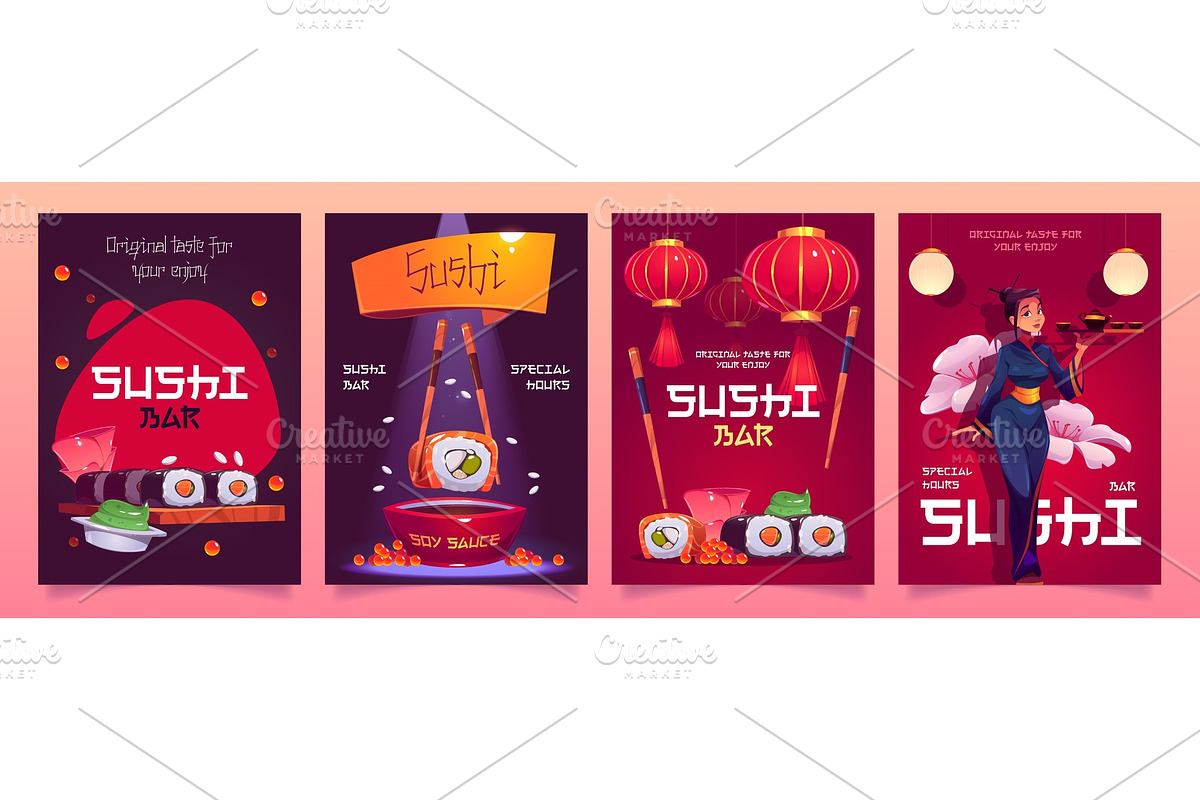 Vector set of sushi bar flyers with, a Food Illustration by art PVP - market