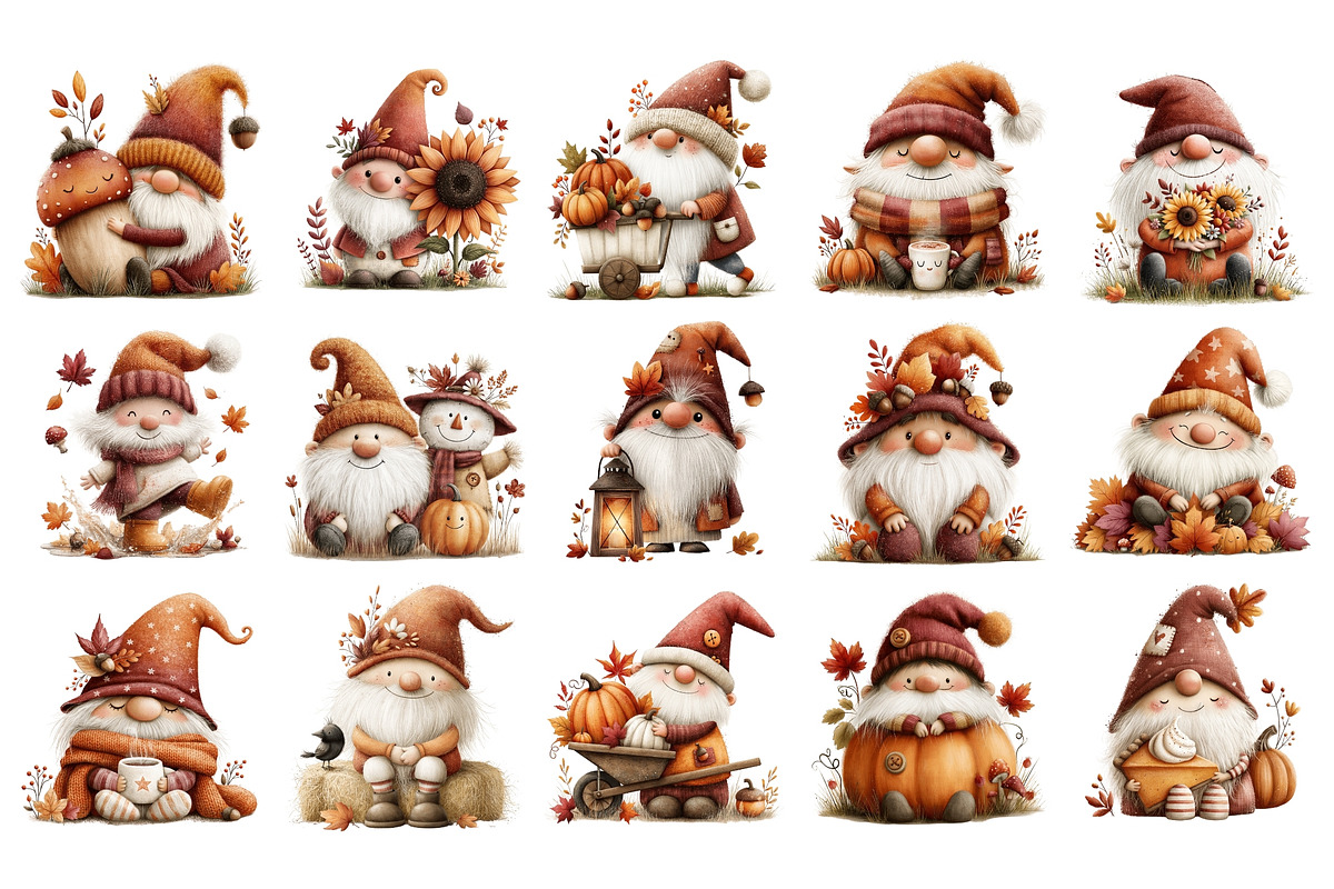 Autumn Gnome PNG Clipart Bundle, a Seasonal Illustration by Nicolle's Colorful Art (Photo 2 of 6)