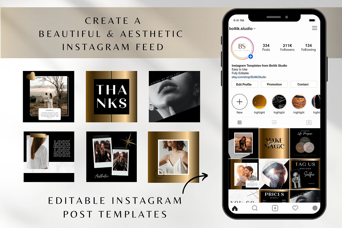 Gold and Black Instagram Templates, a Templates & Theme by Boltik Studio (Photo 2 of 10)