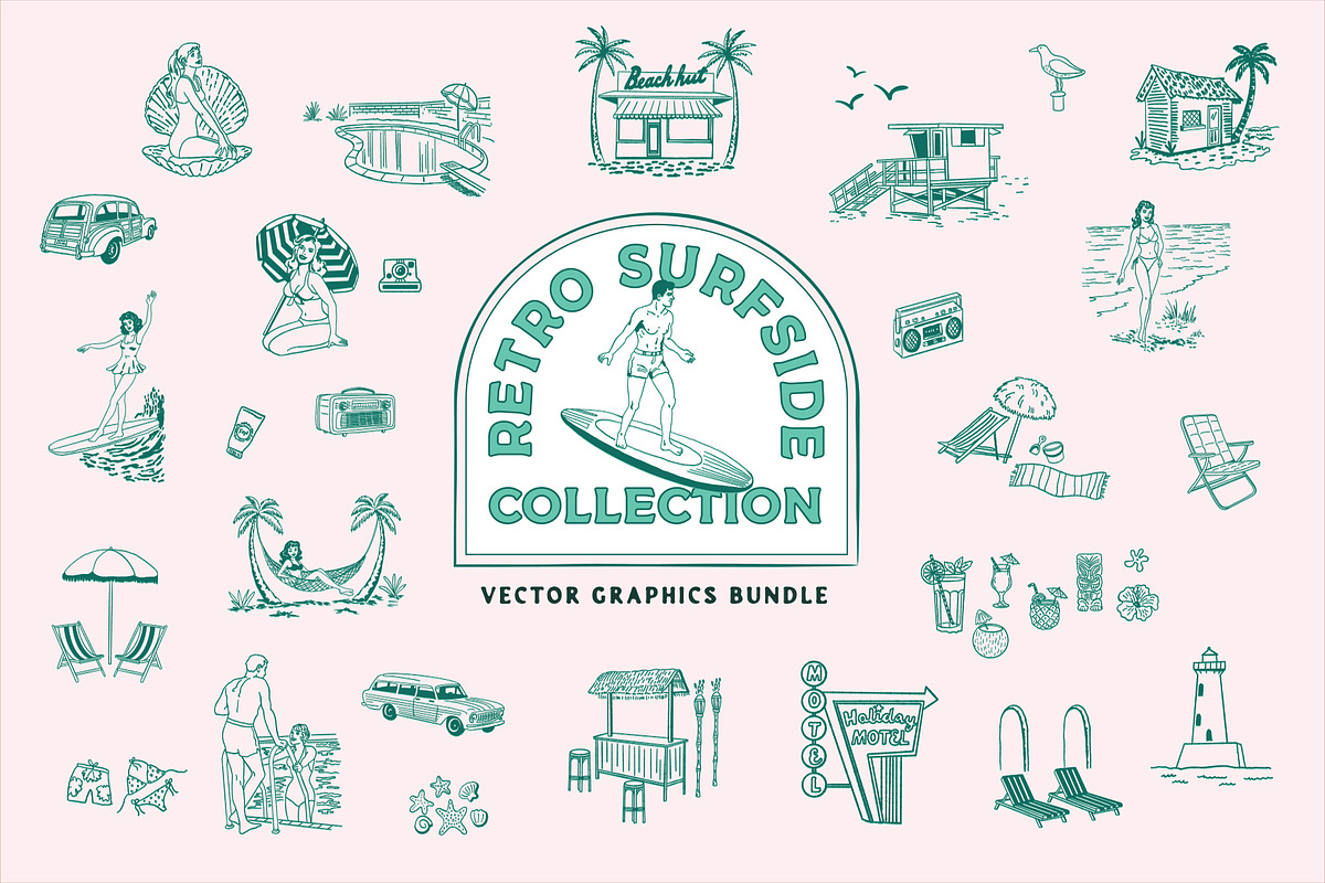Retro Surfer Summer Illustrations, a Seasonal Illustration by Happy Monday Creative (Photo 1 of 4)