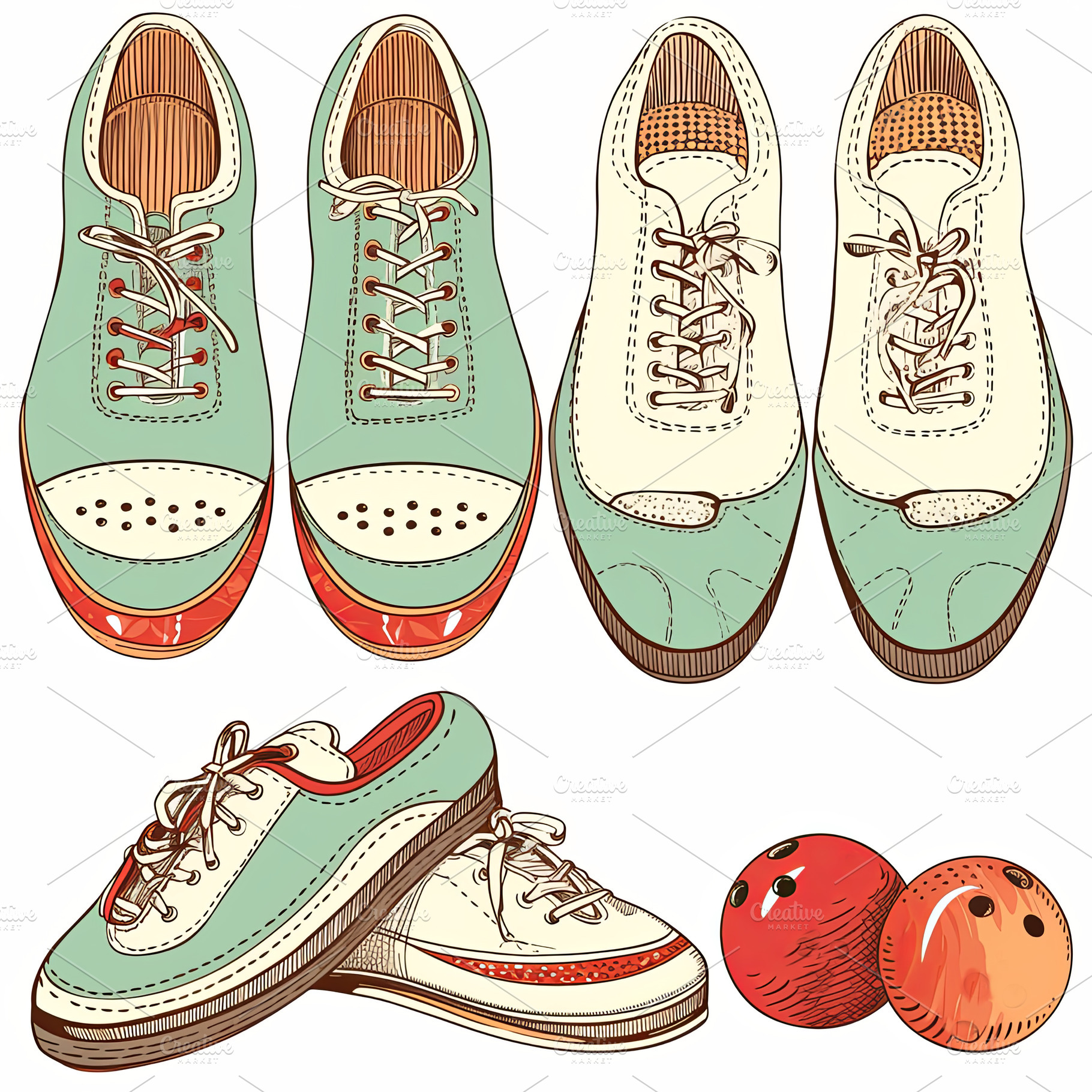 Illustration of bowling shoes and balls in a hand-drawn artistic style, a Photo by AS photostudio