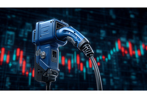 A modern electric car charges with a, a Business Photo by ZinetroN