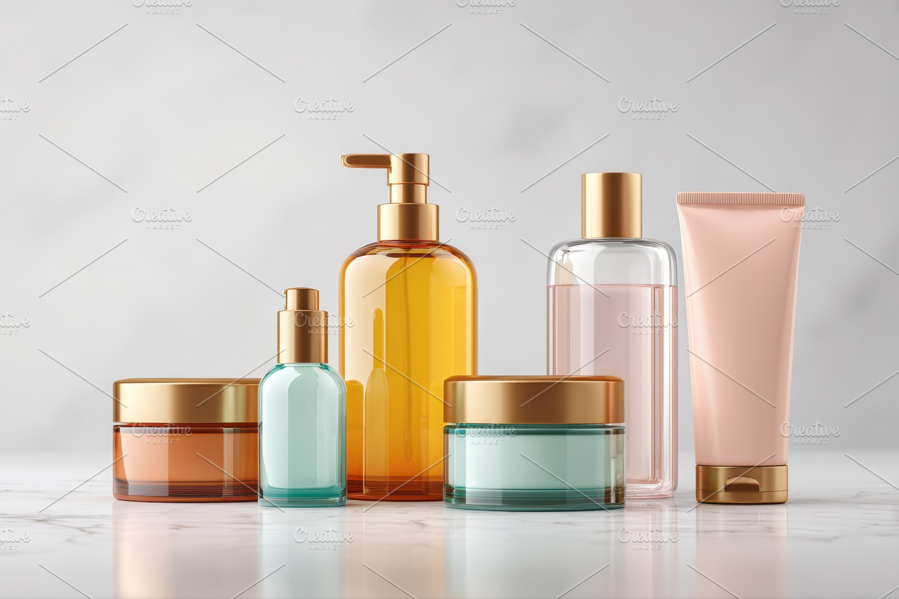 Luxury skincare packaging set with amber bottles and gold caps, a Beauty & Fashion Photo by AlyaAnd