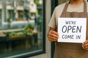 Small business owner holding open si, a Photo by Dvoevnore photos