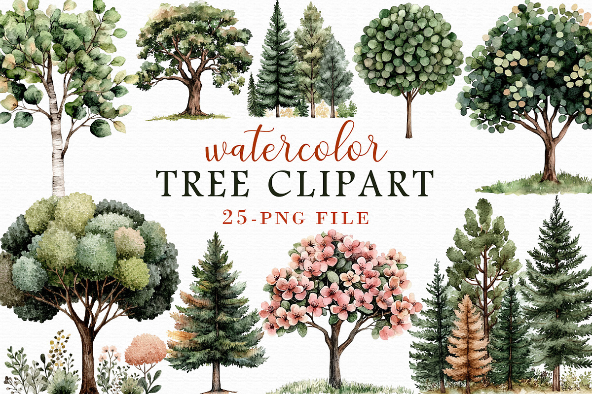 Watercolor Tree Clipart Bundle, an Illustration by Libby Wishes (Photo 1 of 6)