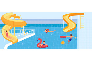 People Swim In Waterpark Pool Vector